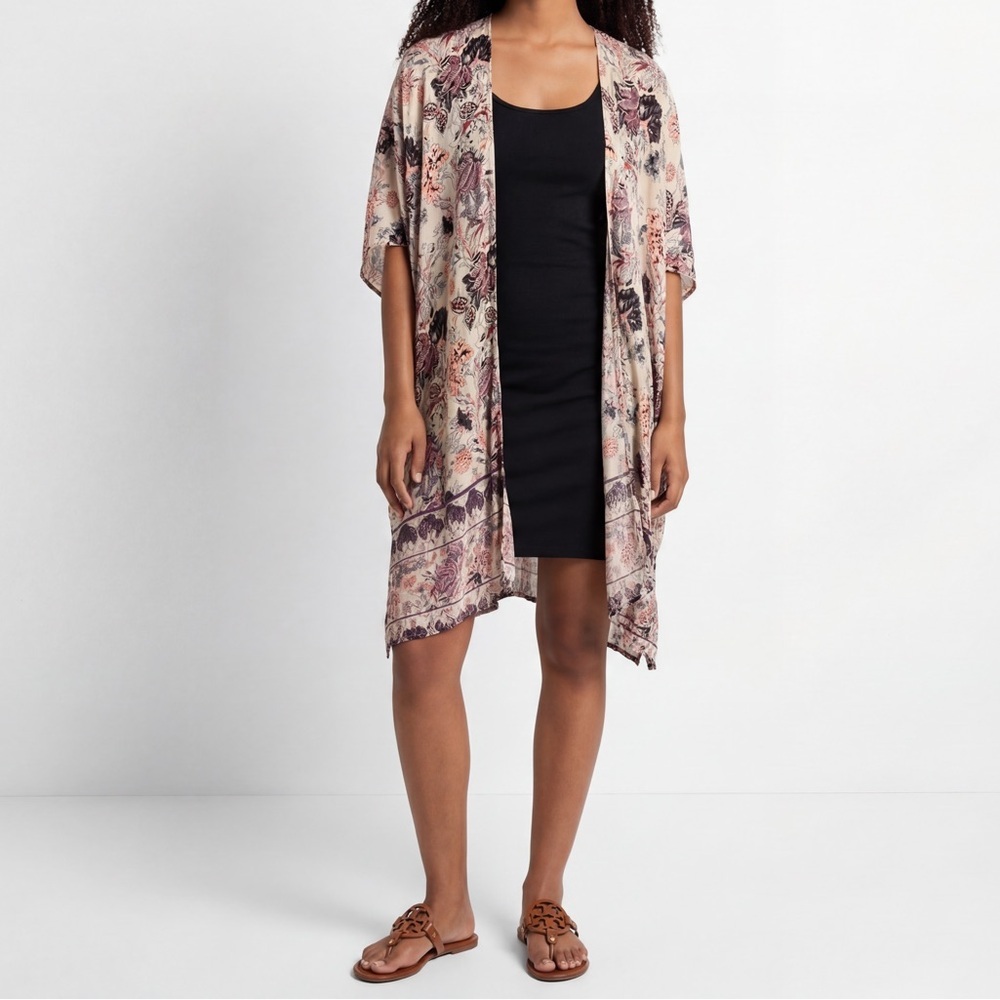 Angie white pink blue midi floral Boho kimono cover up vacation resortwear